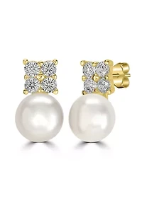 Gold-Plated Sterling Silver Pearl Cubic Zirconia Clover Stud Earrings