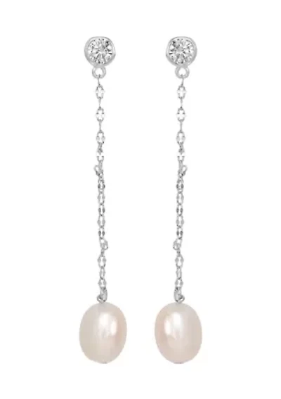 Sterling Silver Cubic Zirconia Stud Chain Pearl Drop Earrings