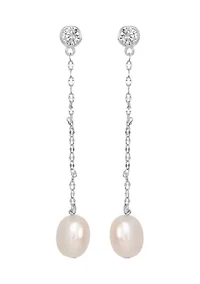 Sterling Silver Cubic Zirconia Stud Chain Pearl Drop Earrings