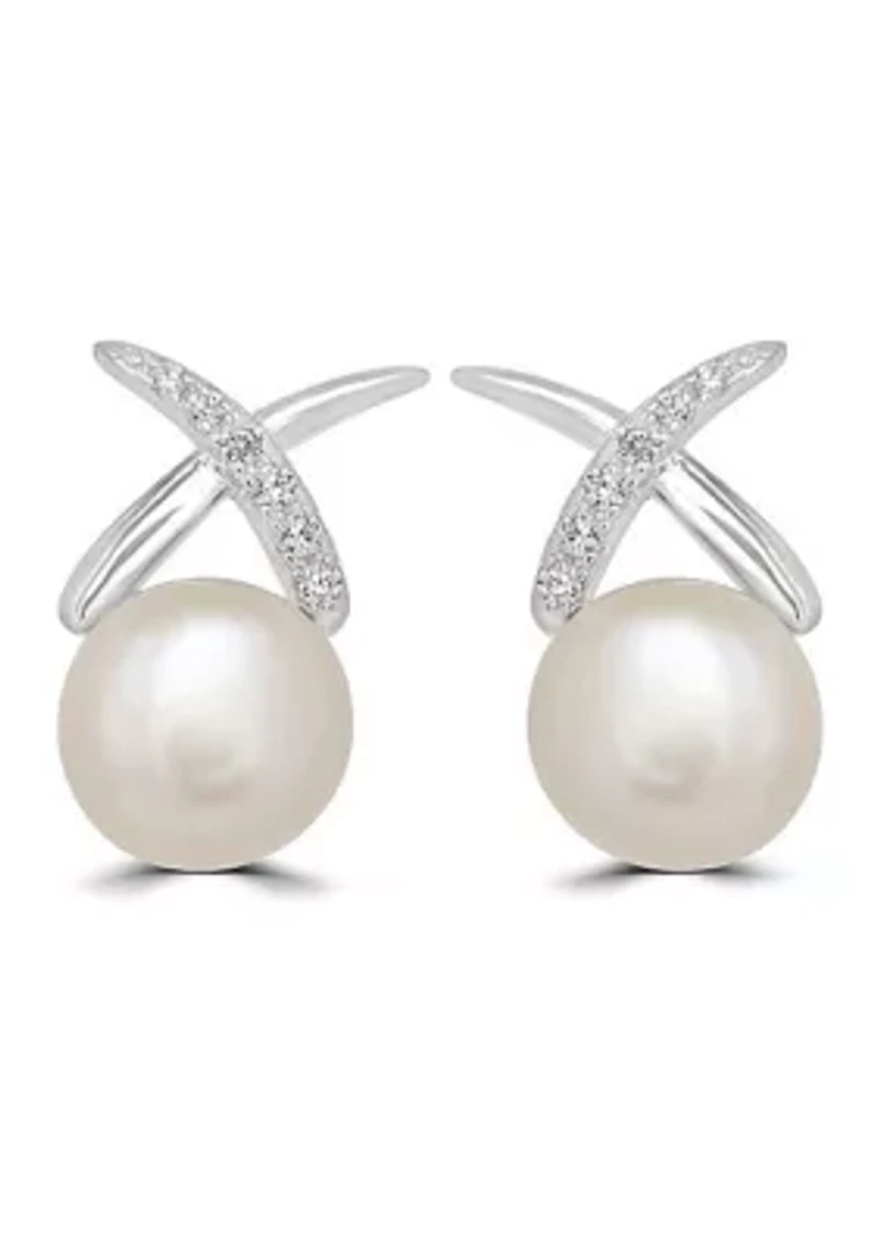 Sterling Silver Pearl Cubic Zirconia X Stud Earrings