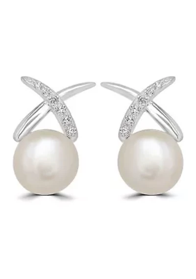 Sterling Silver Pearl Cubic Zirconia X Stud Earrings