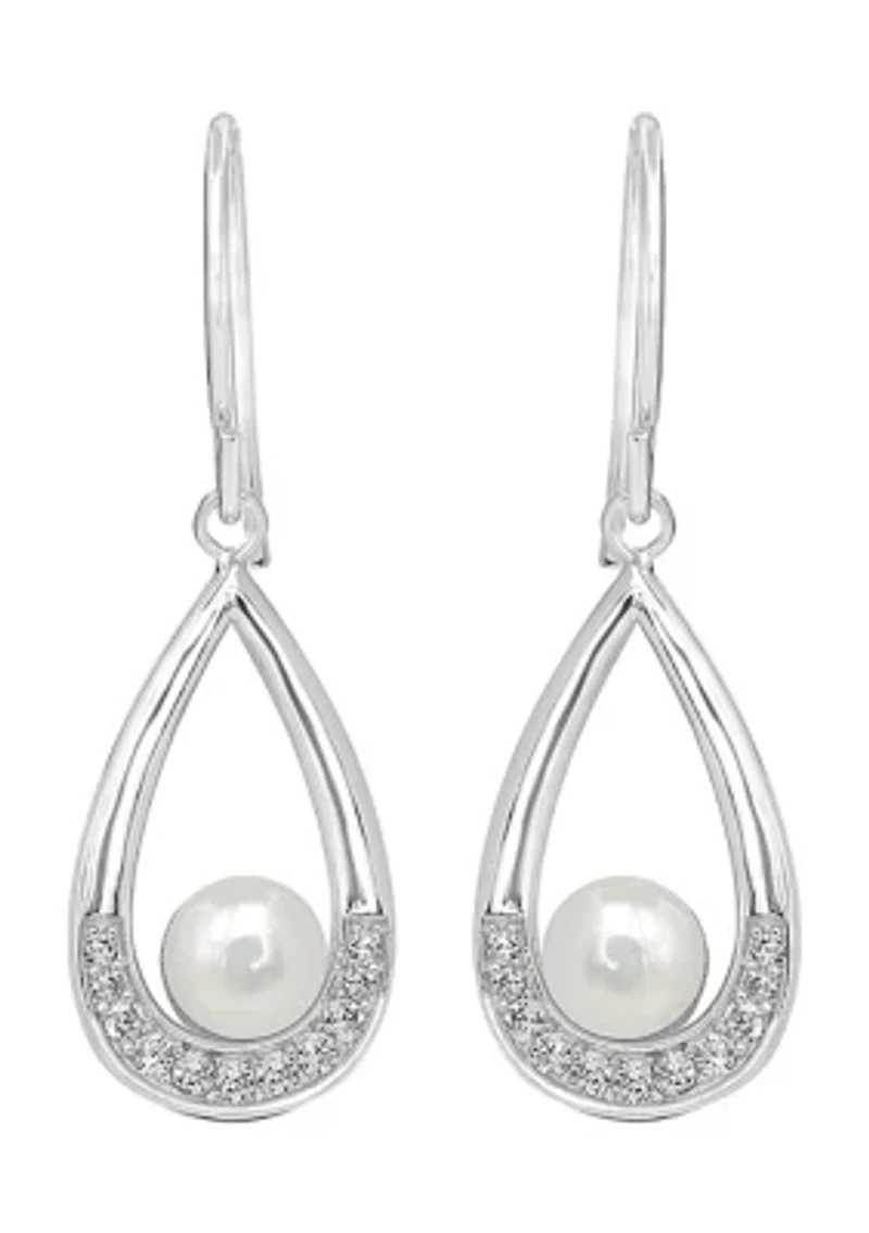 Sterling Silver Pearl Open Teardrop Dangle Earrings