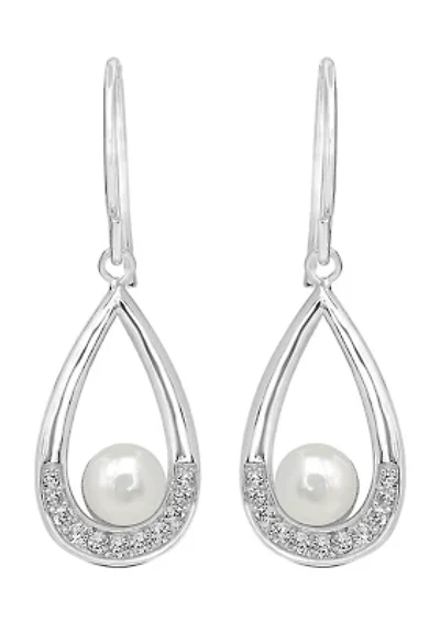 Sterling Silver Pearl Open Teardrop Dangle Earrings