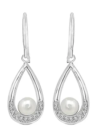Sterling Silver Pearl Open Teardrop Dangle Earrings