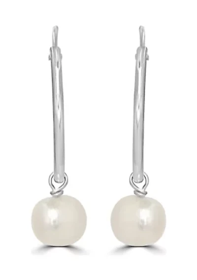 Sterling Silver Pearl Drop Hoop Earrings