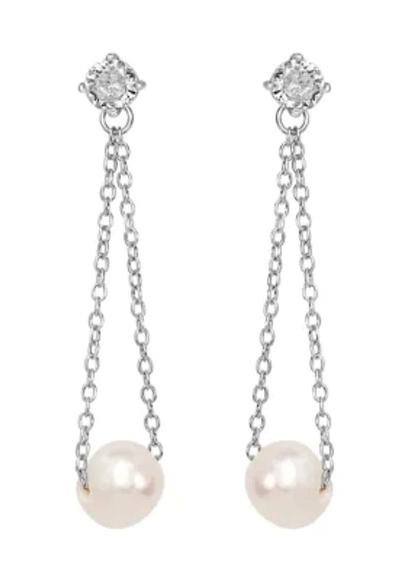 Sterling Silver Post Chain and Cubic Zirconia Pearl Drop Earrings