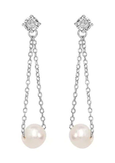 Sterling Silver Post Chain and Cubic Zirconia Pearl Drop Earrings
