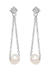 Sterling Silver Post Chain and Cubic Zirconia Pearl Drop Earrings