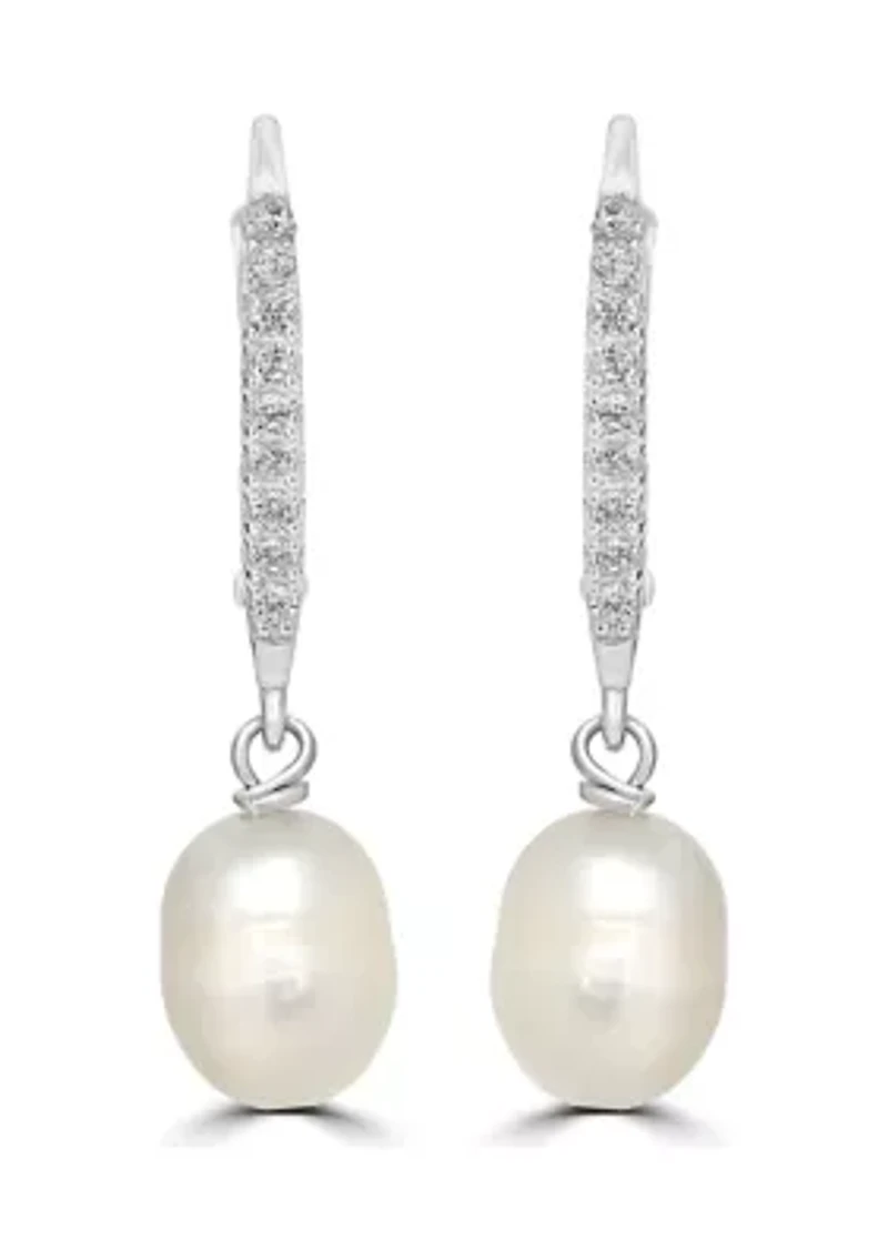 Pearl and Cubic Zirconia Linear Earrings in Sterling Silver