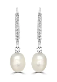 Pearl and Cubic Zirconia Linear Earrings in Sterling Silver