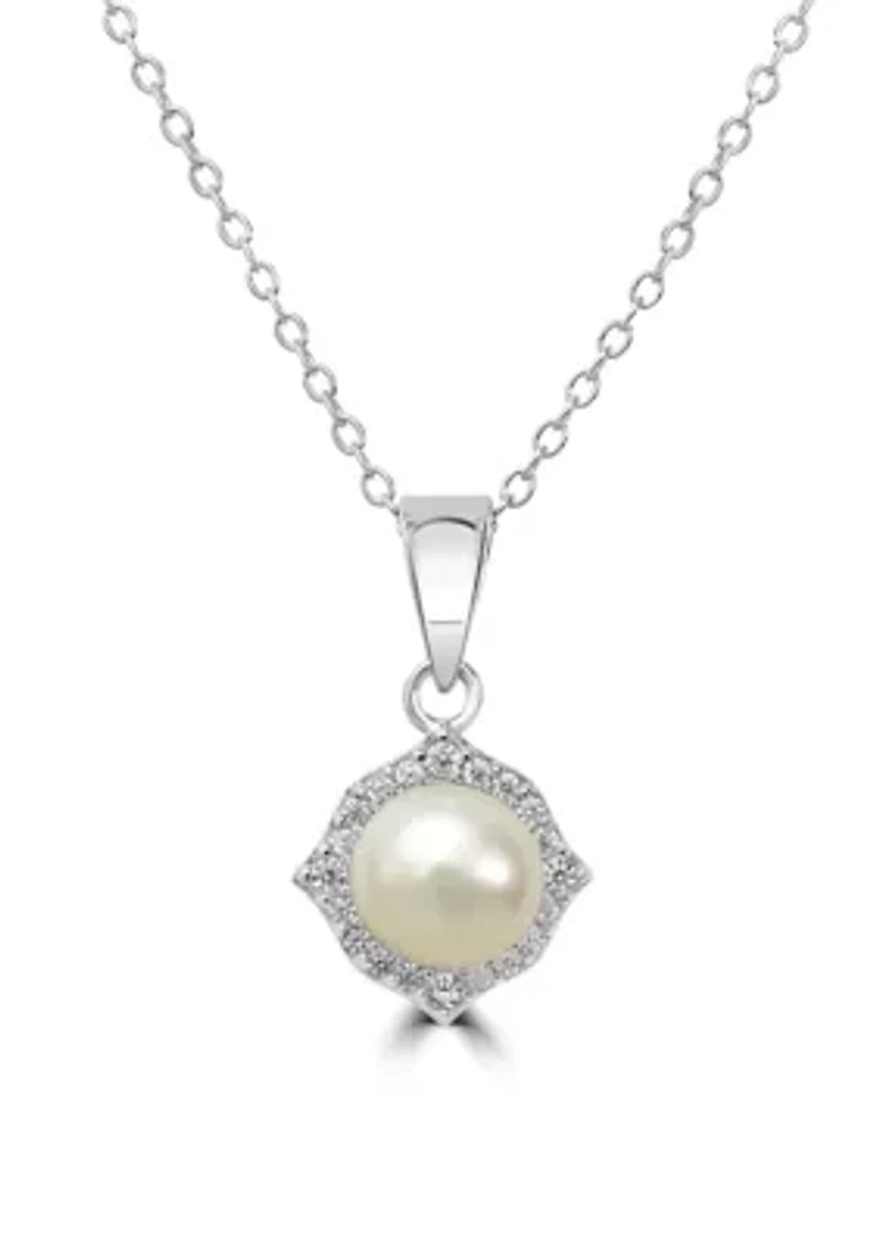 Sterling Silver Freshwater Pearl Round CZ Halo Necklace