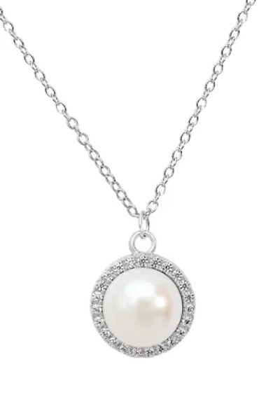 Sterling Silver Pearl Cubic Zirconia Halo Necklace