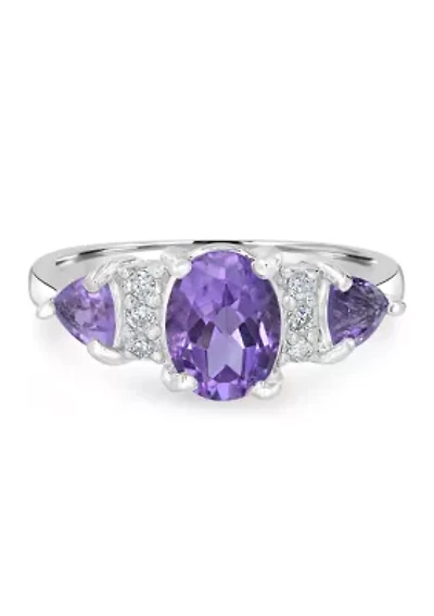 Sterling Silver Amethyst and Cubic Zirconia 3 Oval Ring