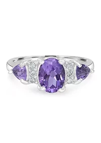 Sterling Silver Amethyst and Cubic Zirconia 3 Oval Ring