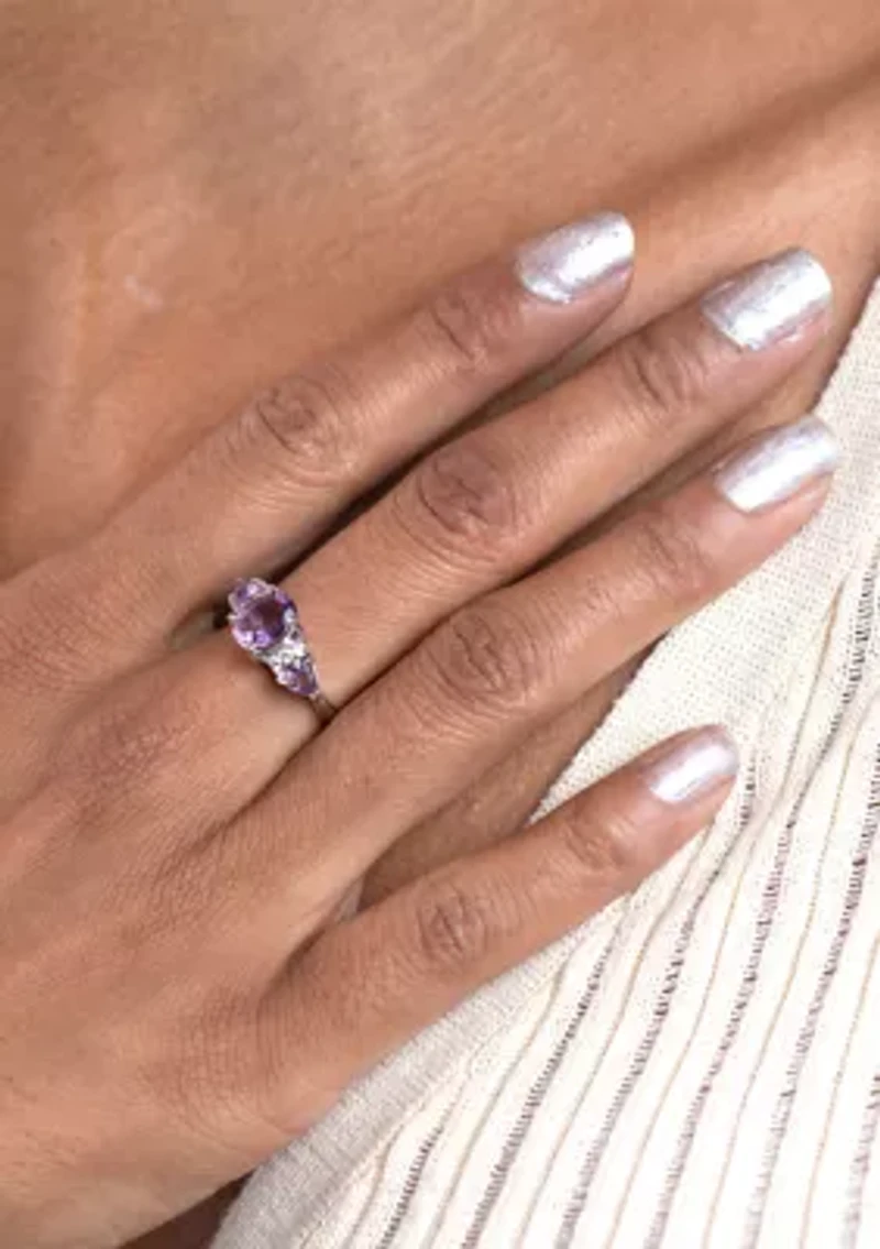 Sterling Silver Amethyst and Cubic Zirconia 3 Oval Ring