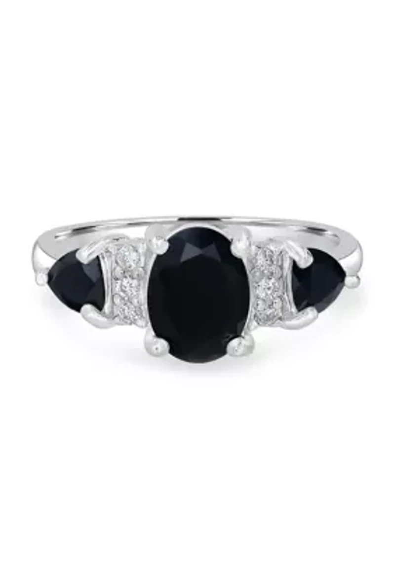 Sterling Silver Black Onyx and Cubic Zirconia 3 Oval Ring