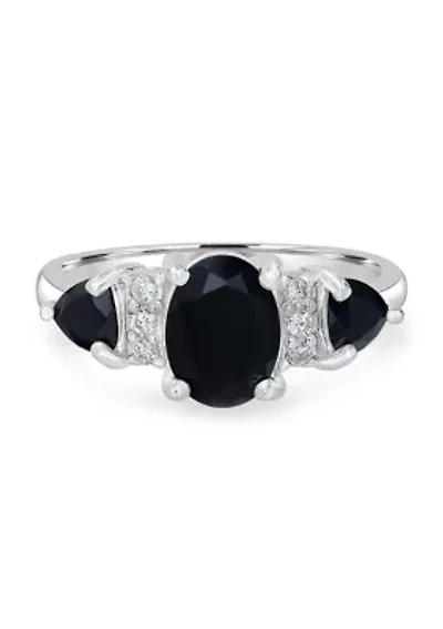 Sterling Silver Black Onyx and Cubic Zirconia 3 Oval Ring