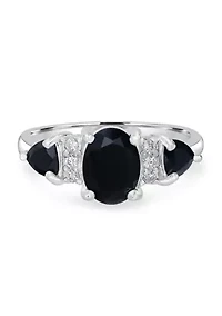 Sterling Silver Black Onyx and Cubic Zirconia 3 Oval Ring