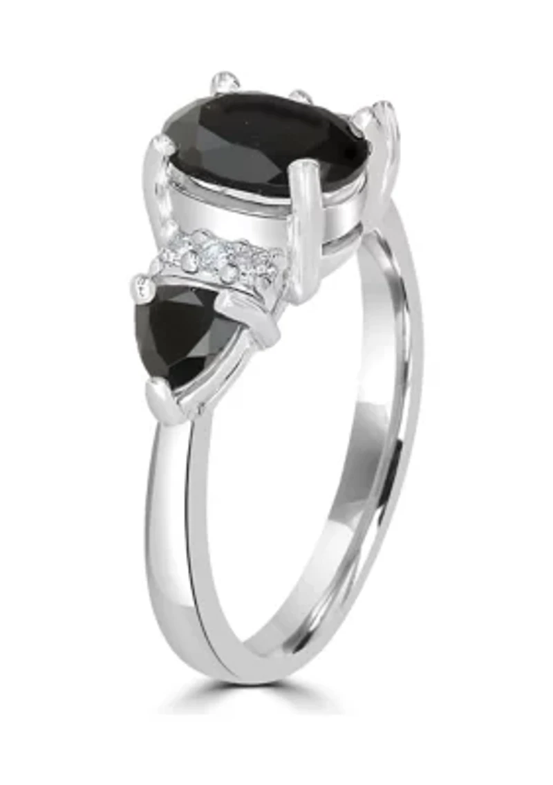 Sterling Silver Black Onyx and Cubic Zirconia 3 Oval Ring