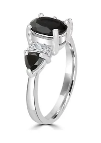 Sterling Silver Black Onyx and Cubic Zirconia 3 Oval Ring