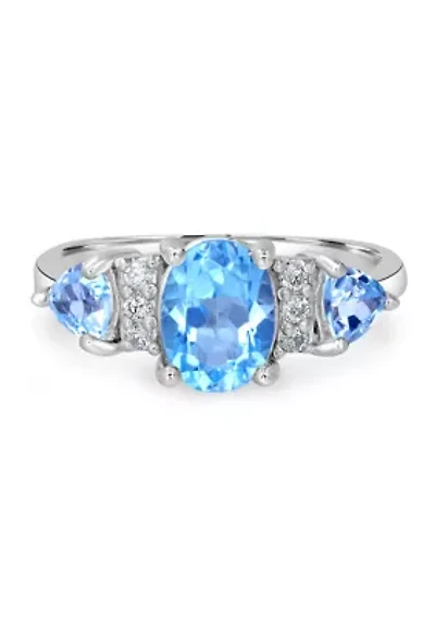 Sterling Silver Blue Topaz and Cubic Zirconia 3 Oval Ring