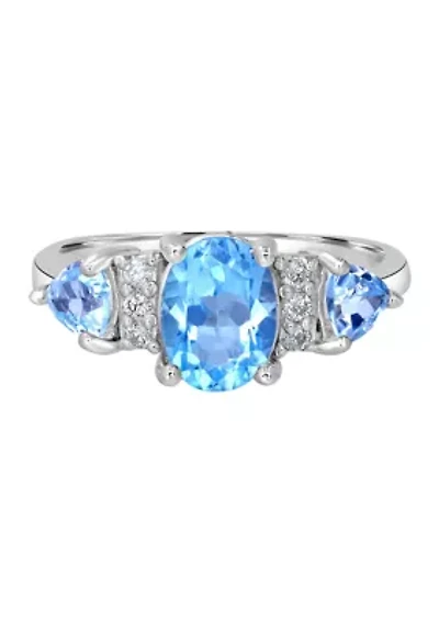 Sterling Silver Blue Topaz and White Topaz 3 Stone Ring