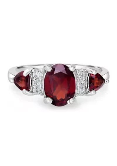 Sterling Silver Garnet and Cubic Zirconia 3 Oval Ring