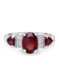 Sterling Silver Garnet and Cubic Zirconia 3 Oval Ring