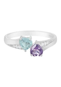 Sterling Silver Amethyst, Blue and White Topaz Bypass Heart Ring