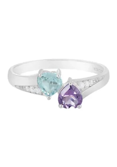 Amethyst and Blue Topaz Sterling Silver Two Heart Ring