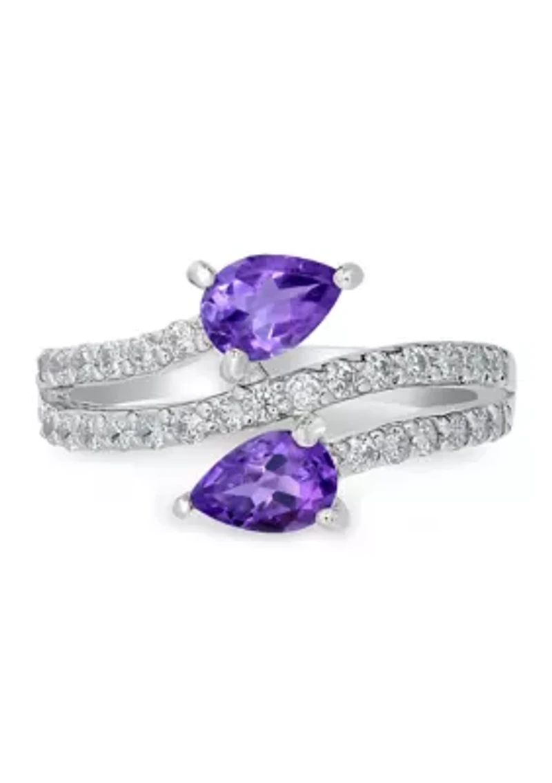 Sterling Silver Amethyst and Cubic Zirconia Pear Cut Bypass Ring