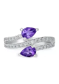 Sterling Silver Amethyst and Cubic Zirconia Pear Cut Bypass Ring