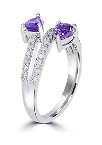 Sterling Silver Amethyst and Cubic Zirconia Pear Cut Bypass Ring