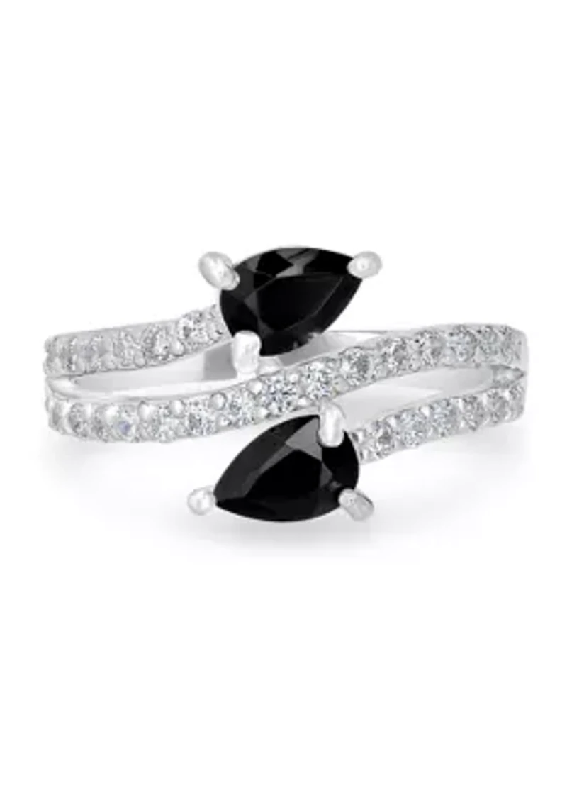 Black Onyx and White Topaz Bypass Ring Sterling Silver