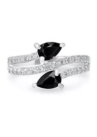 Black Onyx and White Topaz Bypass Ring Sterling Silver