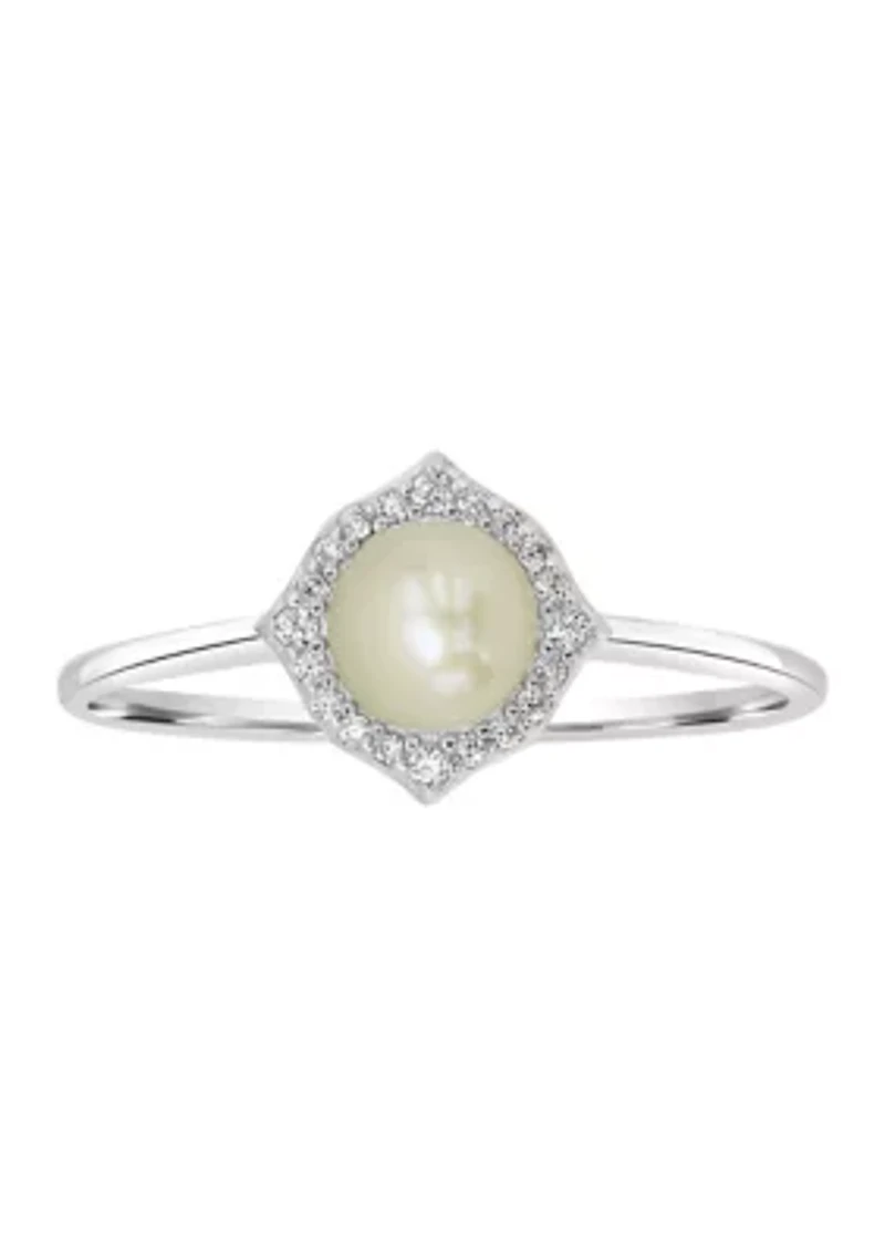 Sterling Silver Pearl Cubic Zirconia Border Ring