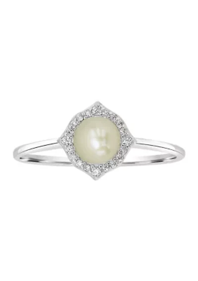 Sterling Silver Pearl Cubic Zirconia Border Ring