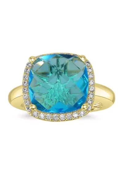 Gold Plated Cushion Cut Blue Cubic Zirconia Halo Ring