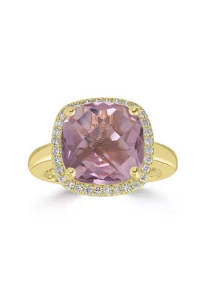 Gold Plated Cushion Cut Pink Cubic Zirconia Halo Ring 