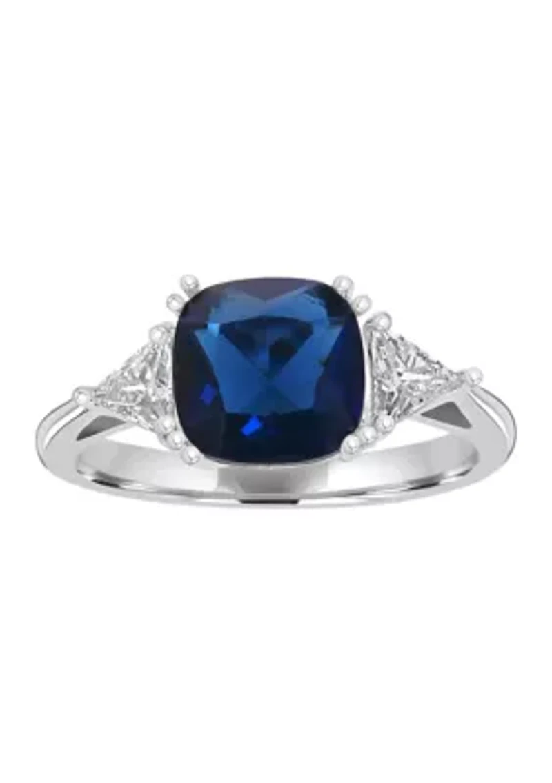 Sterling Silver Square Cut Blue Sapphire Cubic Zirconia and Trillion White Ring