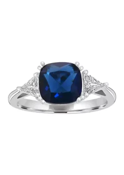 Sterling Silver Square Cut Blue Sapphire Cubic Zirconia and Trillion White Ring