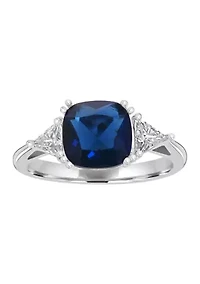 Sterling Silver Square Cut Blue Sapphire Cubic Zirconia and Trillion White Ring