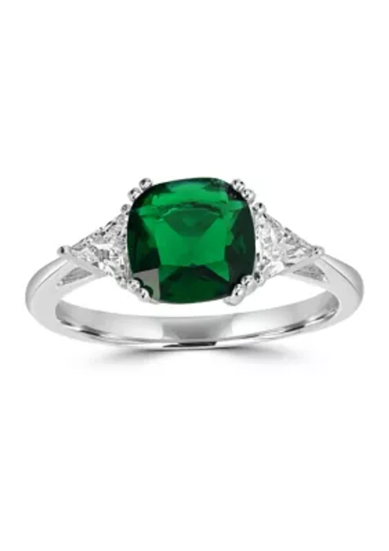Sterling Silver Square-Cut Emerald Cubic Zirconia and Trillion White Ring