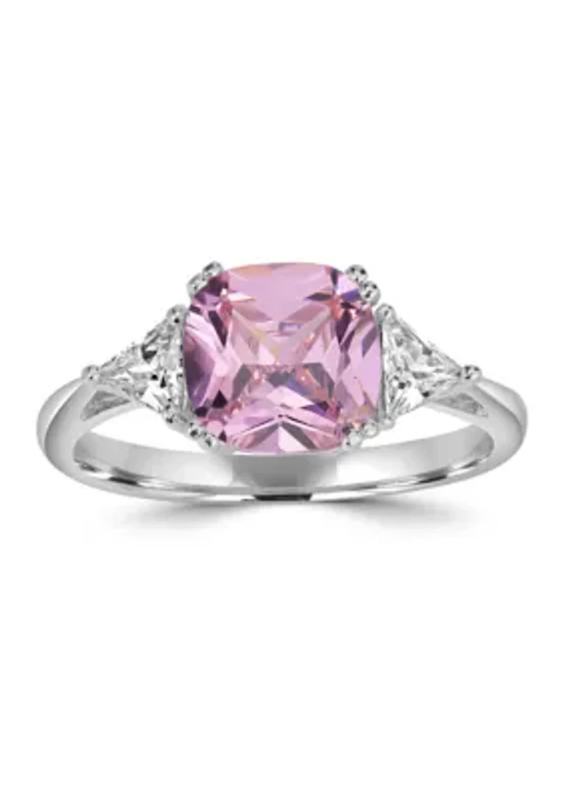 Sterling Silver Square-Cut Pink Cubic Zirconia and Trillion White Ring