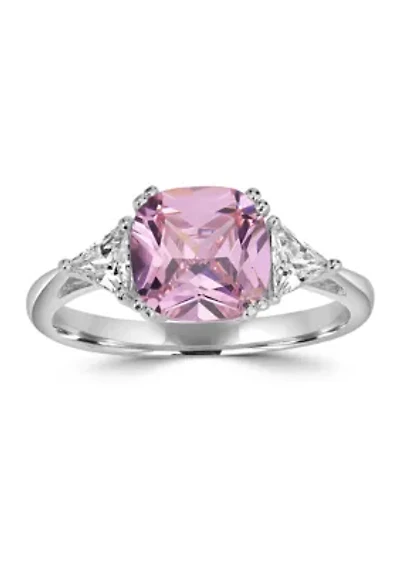 Sterling Silver Square-Cut Pink Cubic Zirconia and Trillion White Ring