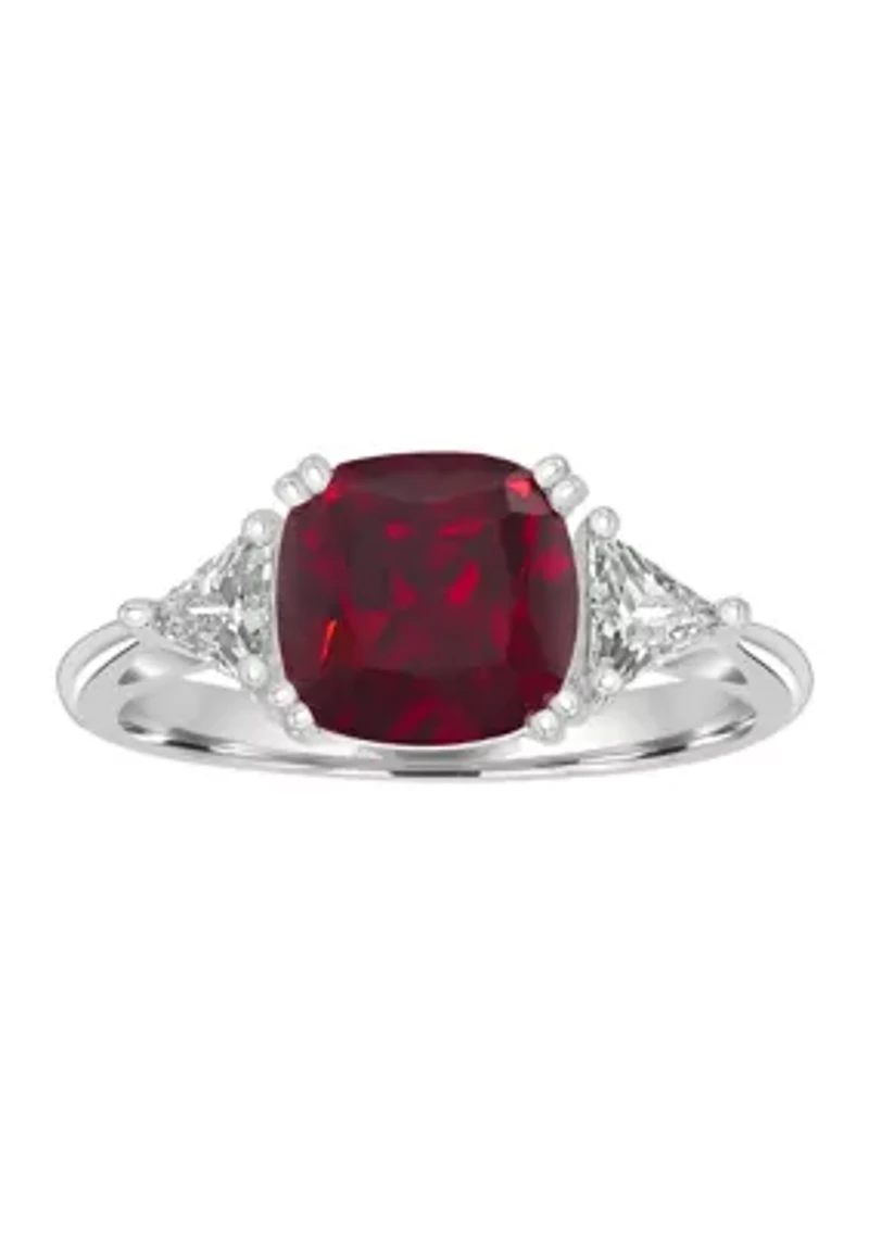 Sterling Silver Square Cut Ruby Cubic Zirconia and Trillion White Ring