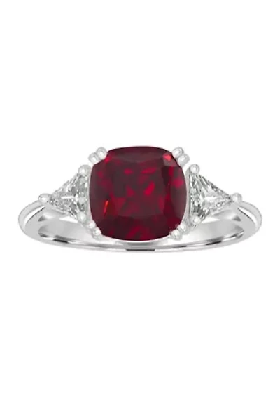 Sterling Silver Square Cut Ruby Cubic Zirconia and Trillion White Ring
