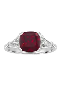Sterling Silver Square Cut Ruby Cubic Zirconia and Trillion White Ring