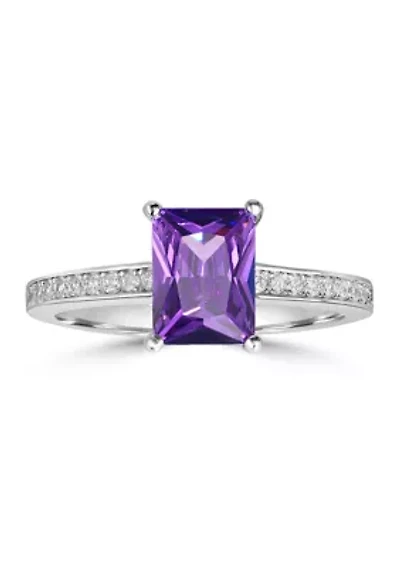 Sterling Silver Amethyst Cubic Zirconia White Band Ring