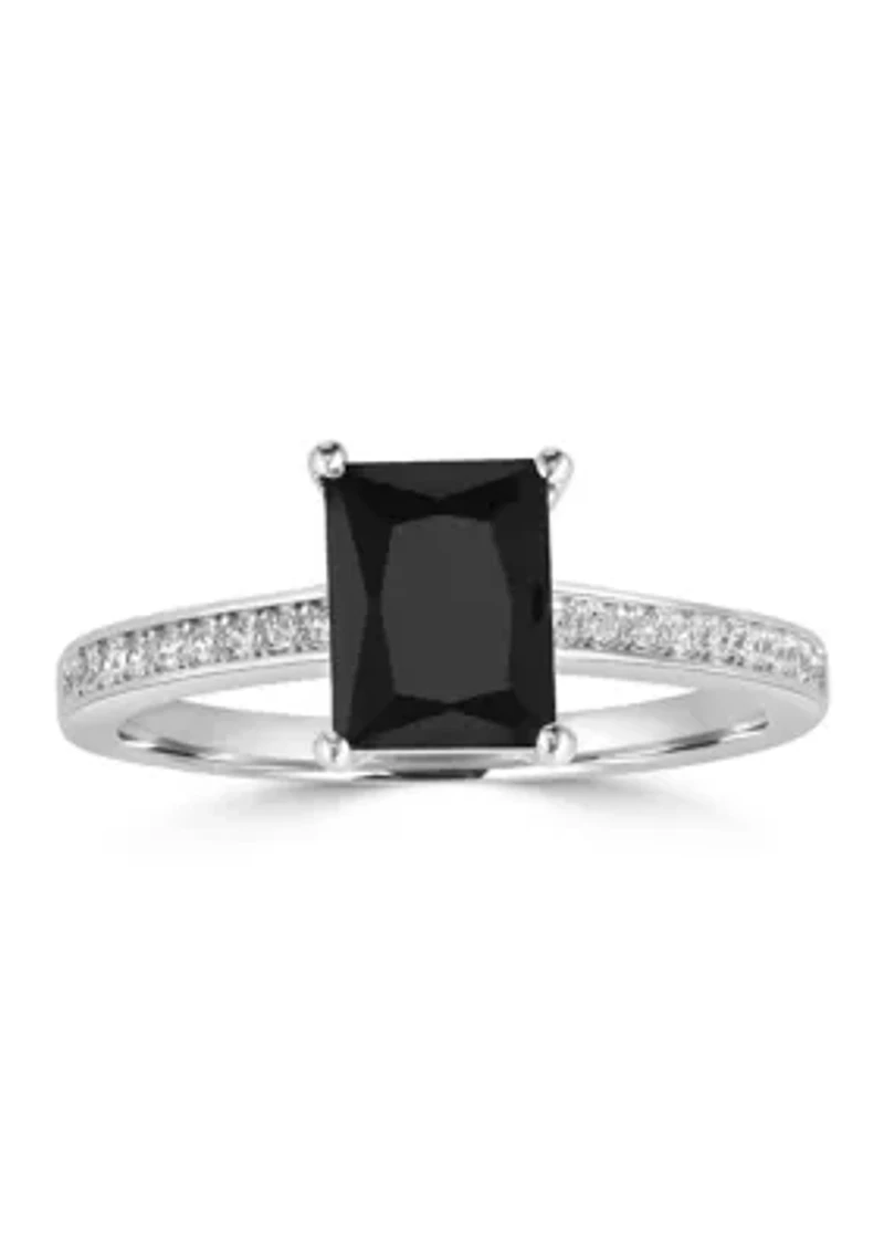 Sterling Silver Rectangular Black Cubic Zirconia and White Band Ring